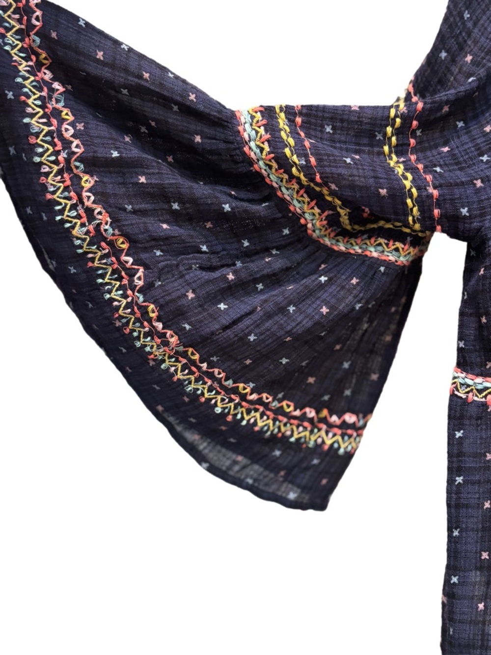 Free People “Talia” Embroidered Top in Navy/Multicolor, Boho Peasant Bell Sleeve - Picture 4 of 14